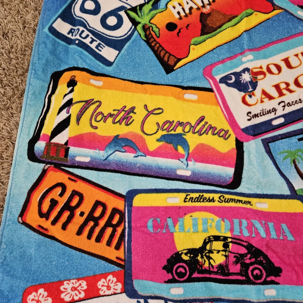 Beach License Plate Print Bath Towel - Blue